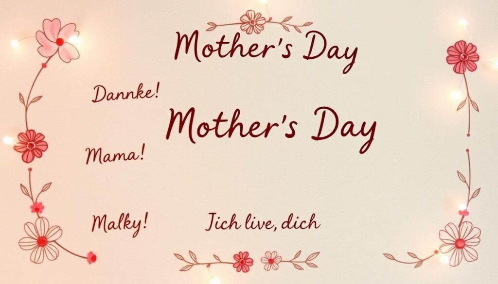 Whimsical, hand-drawn style Mother's Day WhatsApp messages. A delicate floral border frames a collection of short, heartfelt phrases in a curving script, such as "Danke, Mama!" and "Ich liebe dich!" Warm, soft lighting casts a cozy glow, with a subtle textured paper background. The messages convey genuine sentiments in an elegant, understated manner. The overall impression is one of thoughtfulness and sincerity, befitting a special digital greeting for the holiday.