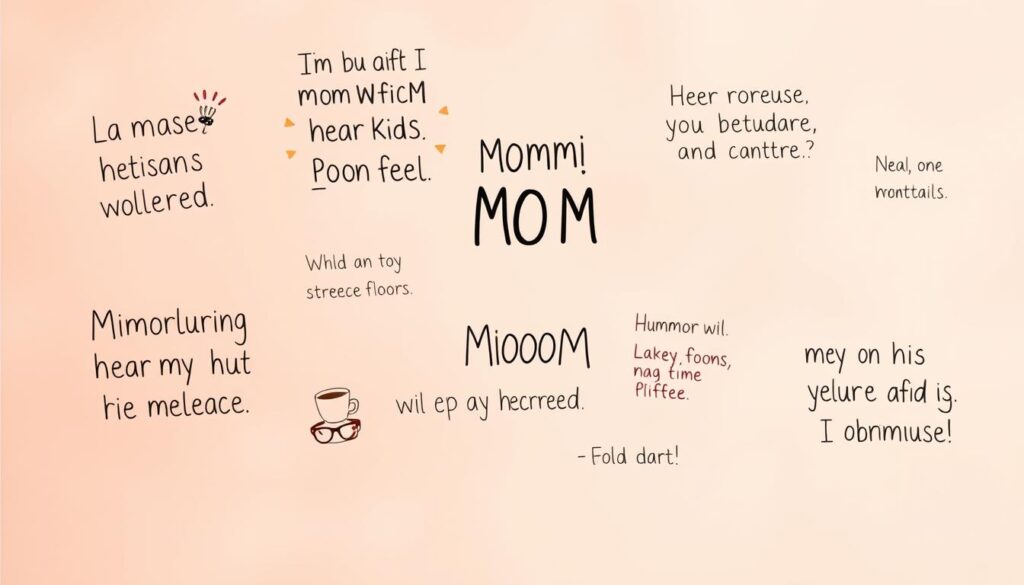 Whimsical, hand-lettered humorous motherhood quotes floating against a soft, pastel backdrop. A playful mix of fonts and colors, with quirky illustrations of common mom experiences like spilled coffee, toy-strewn floors, and messy ponytails. The compositions feel candid and relatable, capturing the joyful yet chaotic spirit of motherhood. Warm, diffused lighting casts a natural glow, while a slight depth of field keeps the focus on the heartwarming sentiments. An endearing, light-hearted visual that celebrates the humor and love of being a mom.