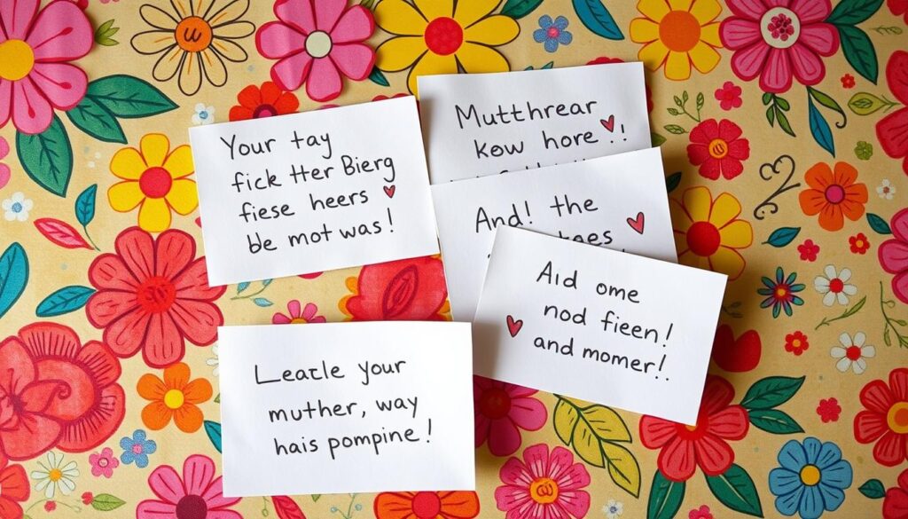 Whimsical handwritten notes on a colorful collage of bright floral patterns, playful doodles, and assorted textures. A cheerful, lighthearted composition depicting a range of humorous and affectionate "Muttertag" messages from a child's perspective. Warm, natural lighting casts a gentle glow, creating a heartfelt, homemade feel. Composition is balanced, with the messages taking center stage, surrounded by a vibrant, visually engaging backdrop. Overall, a charming, endearing scene capturing the innocent, joyful spirit of a child's celebration of their mother.