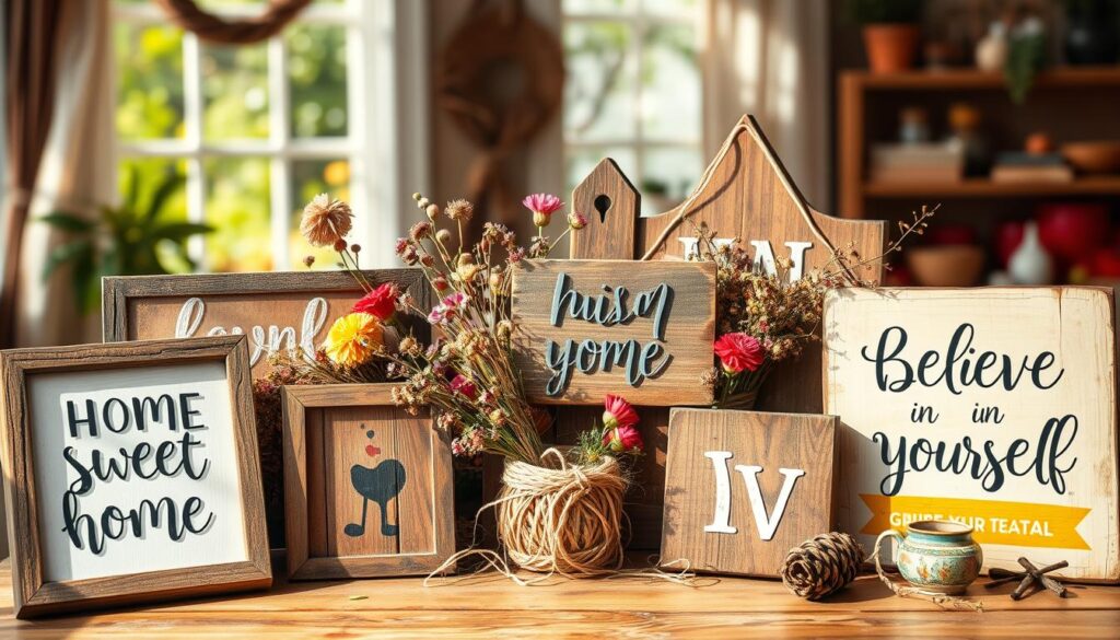 Zusammenfassung DIY-Sprüche: A vibrant, rustic still life arrangement featuring an assortment of handmade, hand-lettered signs and plaques. The foreground showcases various wooden frames with whimsical, uplifting messages like "Home Sweet Home" and "Believe in Yourself." In the middle ground, a mix of dried flowers, twine, and natural elements create a charmingly homespun display. The background is a softly blurred, sun-dappled environment, evoking a cozy, domestic ambiance. The lighting is warm and natural, with gentle shadows adding depth and dimension. The overall composition radiates a sense of creativity, positivity, and the handcrafted spirit of DIY projects.