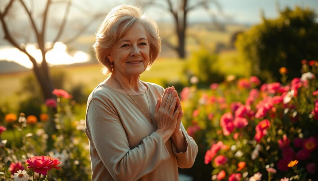 a serene and thoughtful scene depicting the meaning of thankfulness and gratitude, with a middle-aged woman standing in a sunlit garden, her hands clasped in a gesture of appreciation, surrounded by a lush, blooming floral landscape. The lighting is soft and warm, creating a peaceful and contemplative atmosphere. The woman's expression conveys a sense of deep emotional connection and the importance of expressing heartfelt thanks. The background features a picturesque vista, perhaps a distant vista of a countryside or a tranquil lake, further emphasizing the idea of taking time to reflect on the significance of expressing gratitude.